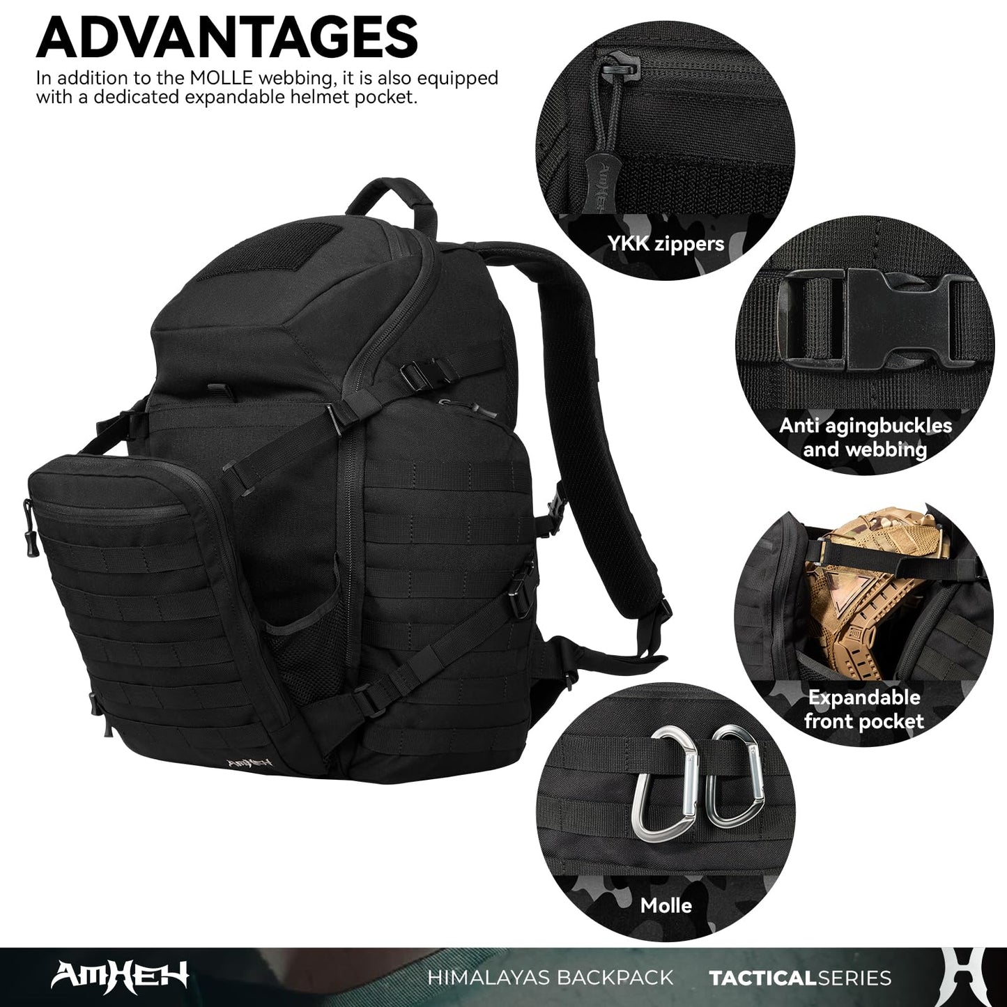 AMHEH 52L Tactical Backpack Military Molle Assault Pack - 3 Day Bugout Survival Rucksack, Hydration Compatible, Black