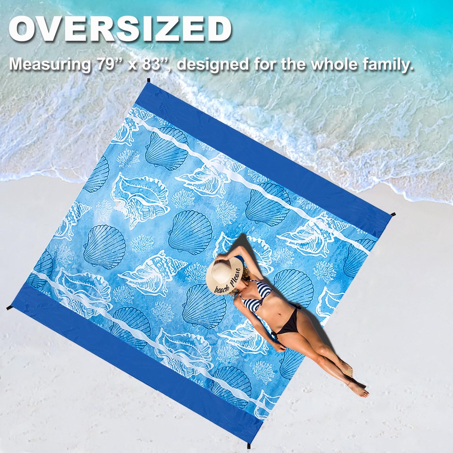 FunQeeu Beach Blanket, Large 83" X 79" Family Size Beach Mat Picnic Blanket Sandproof for 2-8 Adults Compact Lightweight Outdoor Accessories Portable Waterproof Mat for Travel Camping Hiking Vacation