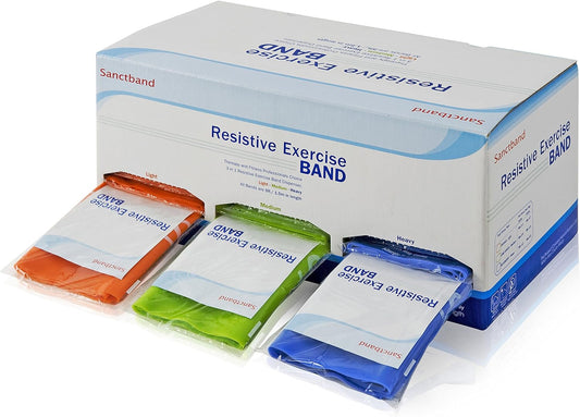 RESISTIVE Band 3 in 1 Dispenser - 5FT Bands - Light (Orange) / Medium (Lime Green) / Heavy (Blueberry) - 15 Pieces of Each Color. Total 45 Pieces.