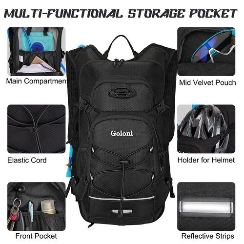 Goloni Hydration Hiking Backpack, 22L, Black, Unisex, Modern, Water Resistant, 6 Pockets, 5.5" x 11" x 18.5", Perfect for Hiking, Running, Sports
