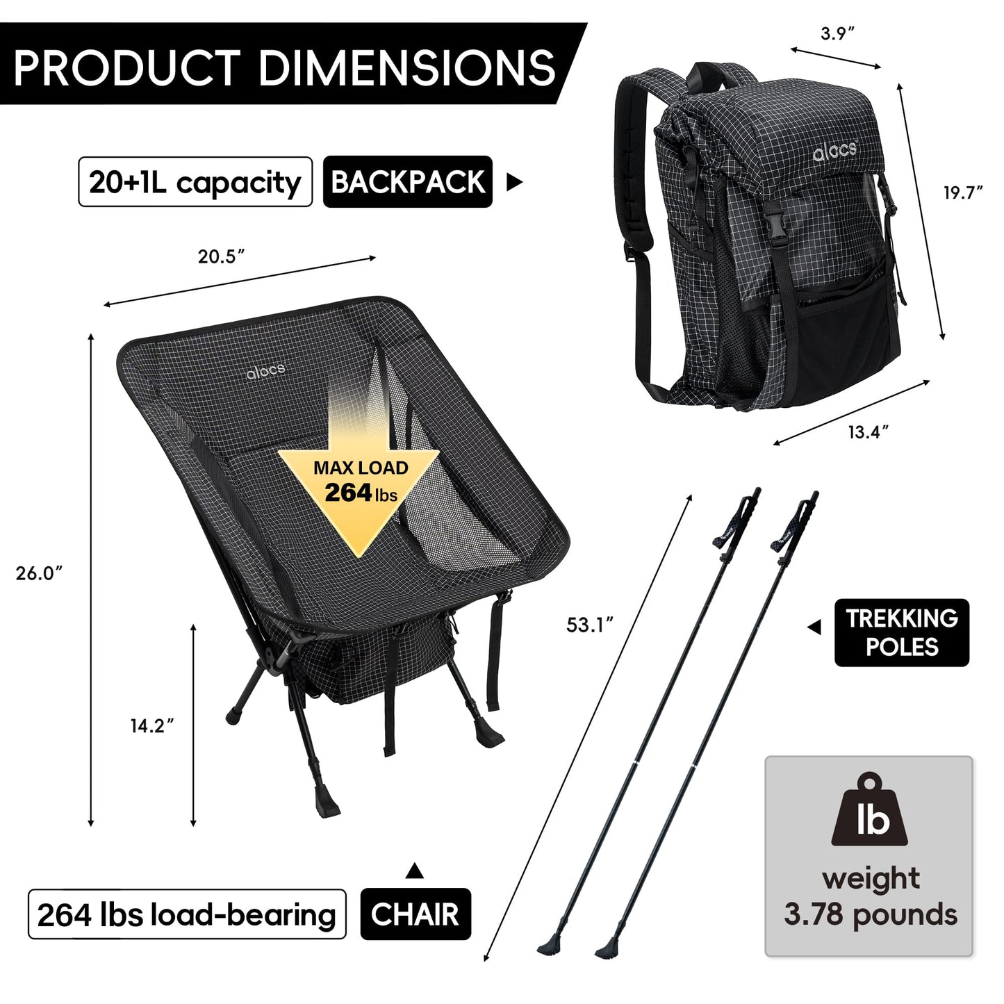 Alocs 3-in-1 Camping Chairs, Backpack Wearable Chair with Aluminium Trekking Poles, Fishing Chair for Hiking Backpacking Climbing Hunting and Outdoor