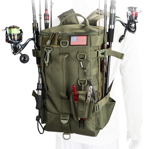 MoiShow Fishing Tackle Bag with Rod Holders, Large Storage, Tackle Box Backpack for Carrying Fishing Gear and Equipment, Gifts for Men, RBG02