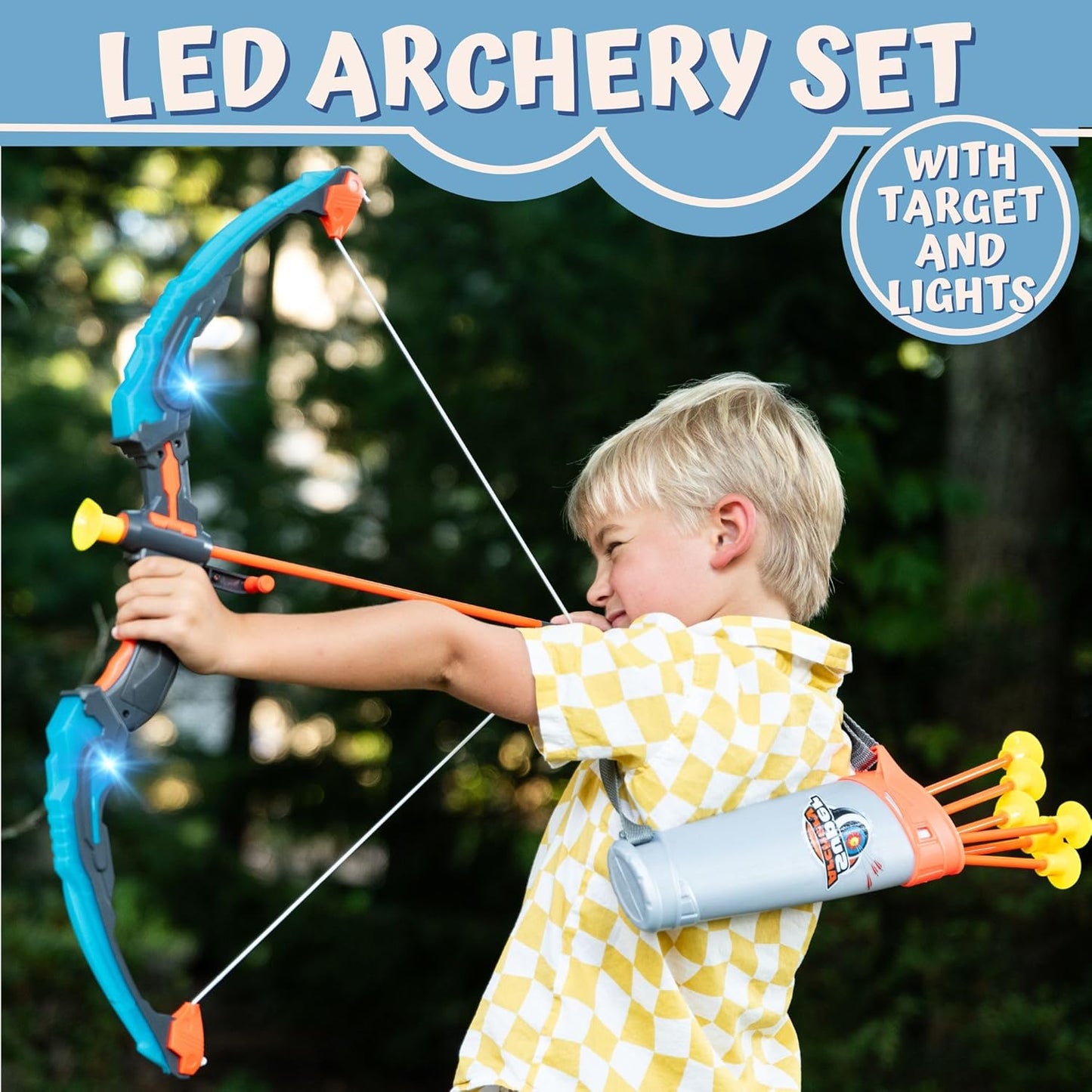 ToyVelt Kids Bow and Arrow Set - Light-Up Archery Set with 6 Suction Arrows, Target and Quiver - Outdoor and Indoor Toy for Boys and Girls Ages 4-12 (Green)