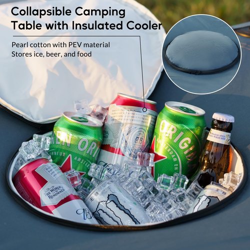 Thallike Portable Picnic Camping Table with Cooler, Folding Beach Table with 4 Tear Resistance Cup Holders, Tailgating Table Carry Bag for Travl, Beach, Summer Cookout Essential (Grey)