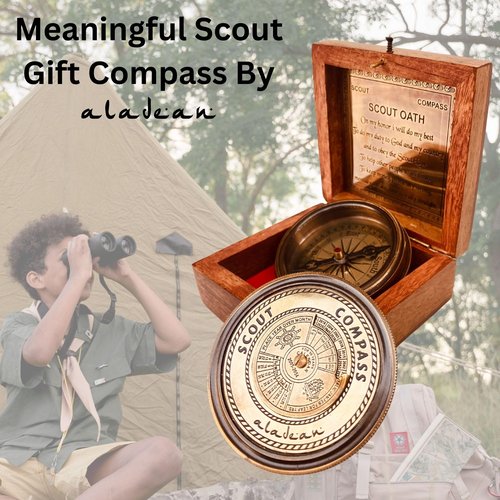 Scout Compass Gift Boys - Engraved Scout Oath Compass in Wood Box Scout Always Prepared Camping Orienteering Compass, Hiking Backpacking Compass Gift, 50 Year calander (#1 Scout Compass w Lid)