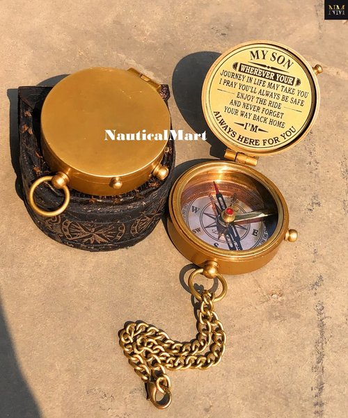 Personalized Brass Compass Engravable My Son Gift for Mom-Dad Graduation, Anniversary, Baptism, Retirement A Perfect and Unique Gift with Leather Case