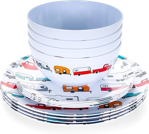 Camco Teal Life is Better at The Campsite 12 Piece Dishware Set-Blue Retro Trailer and Logo Design, Includes Plates and Bowls, Perfect for RVing and Camping, Melamine (53296)