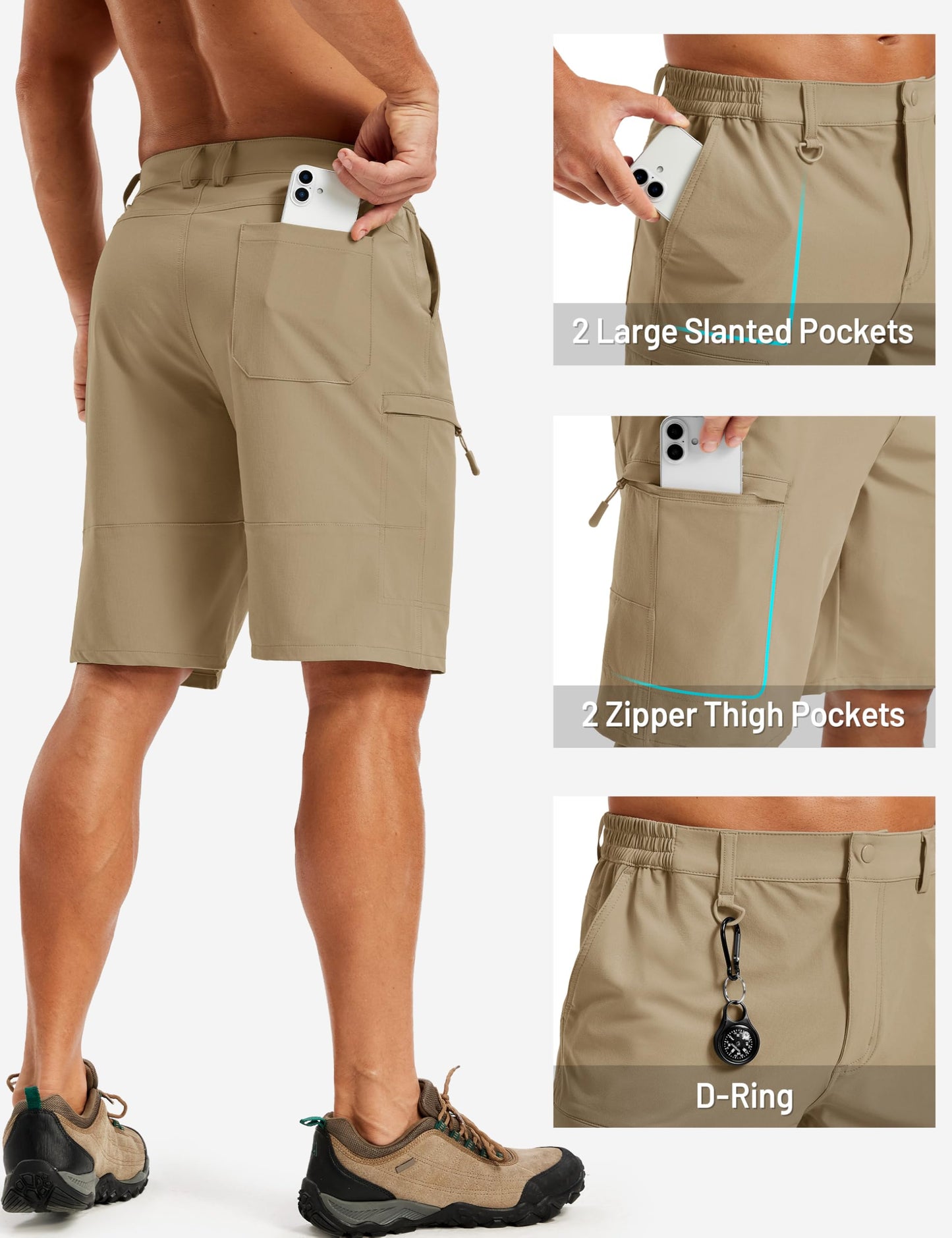 TACVASEN Men's Shorts 10" Lightweight Quick Dry Cargo Shorts with Pockets for Hiking Golf Fishing Workout Travel Khaki 32