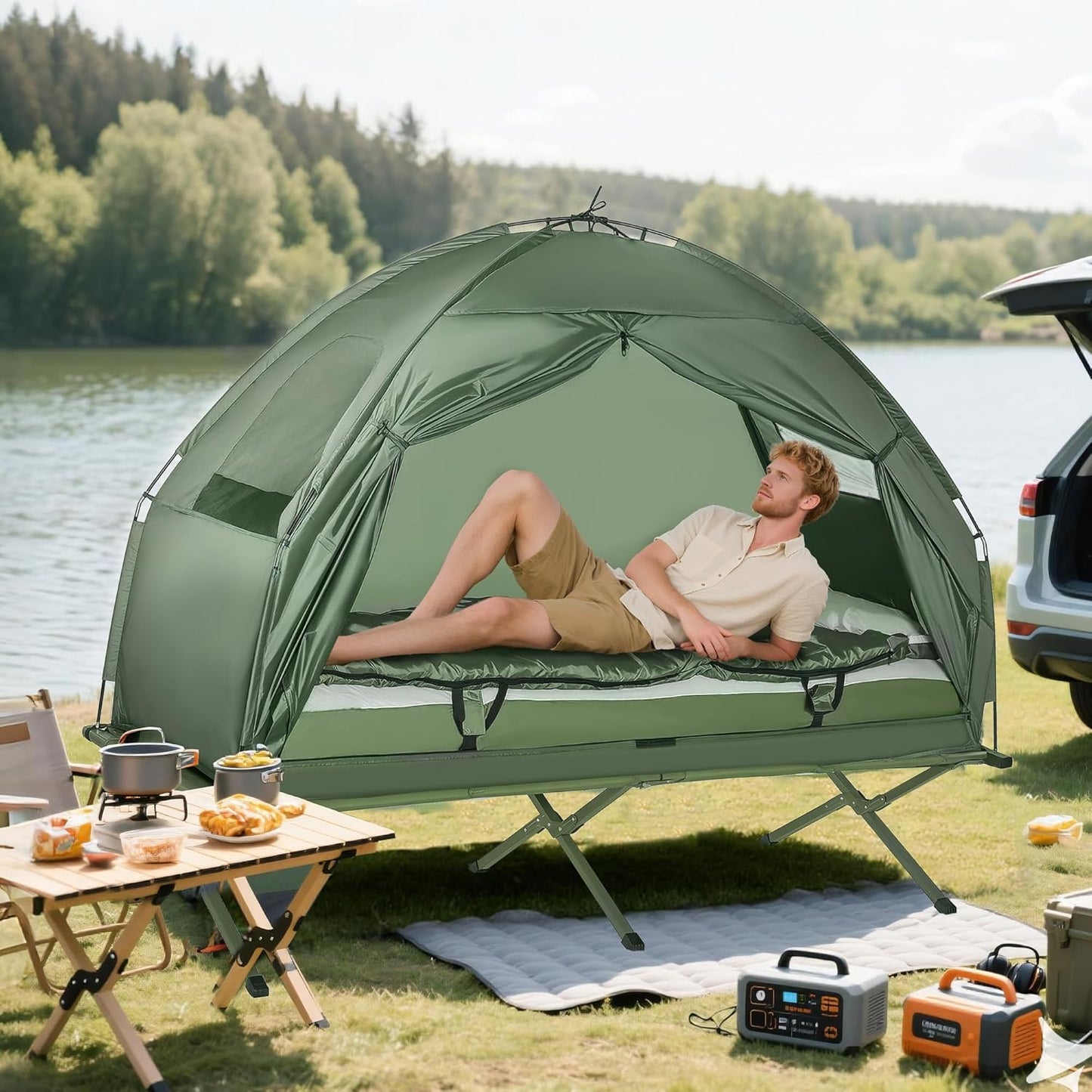 Outsunny Camping Tent Cot, 4-in-1 Folding Tent Cot Combo with Mattress, Pillow, Sleeping Bag, Roller Carrying Bag, Off Ground Travel Camp Cot for Hiking, Backpacking, Picnic