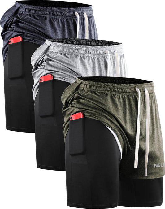 NELEUS Men's 2 in 1 Athletic Running Shorts with Liner and Pockets,6071,Dark Grey(Black),Olive Green,Light Grey,3 Pack,M