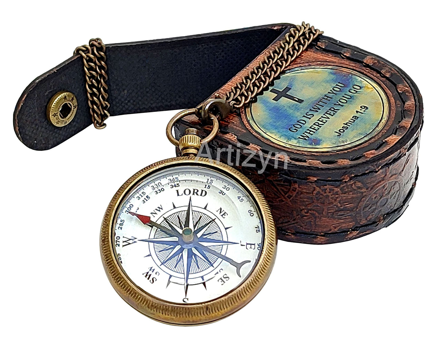 Brass Compass Engraved with Bible Scripture God is with You Wherever You Go Joshua 1:9 Religious Gift, Directional Magnetic Compass with Chain & Leather Carry Case, Baptism Gifts, Confirmation Gifts