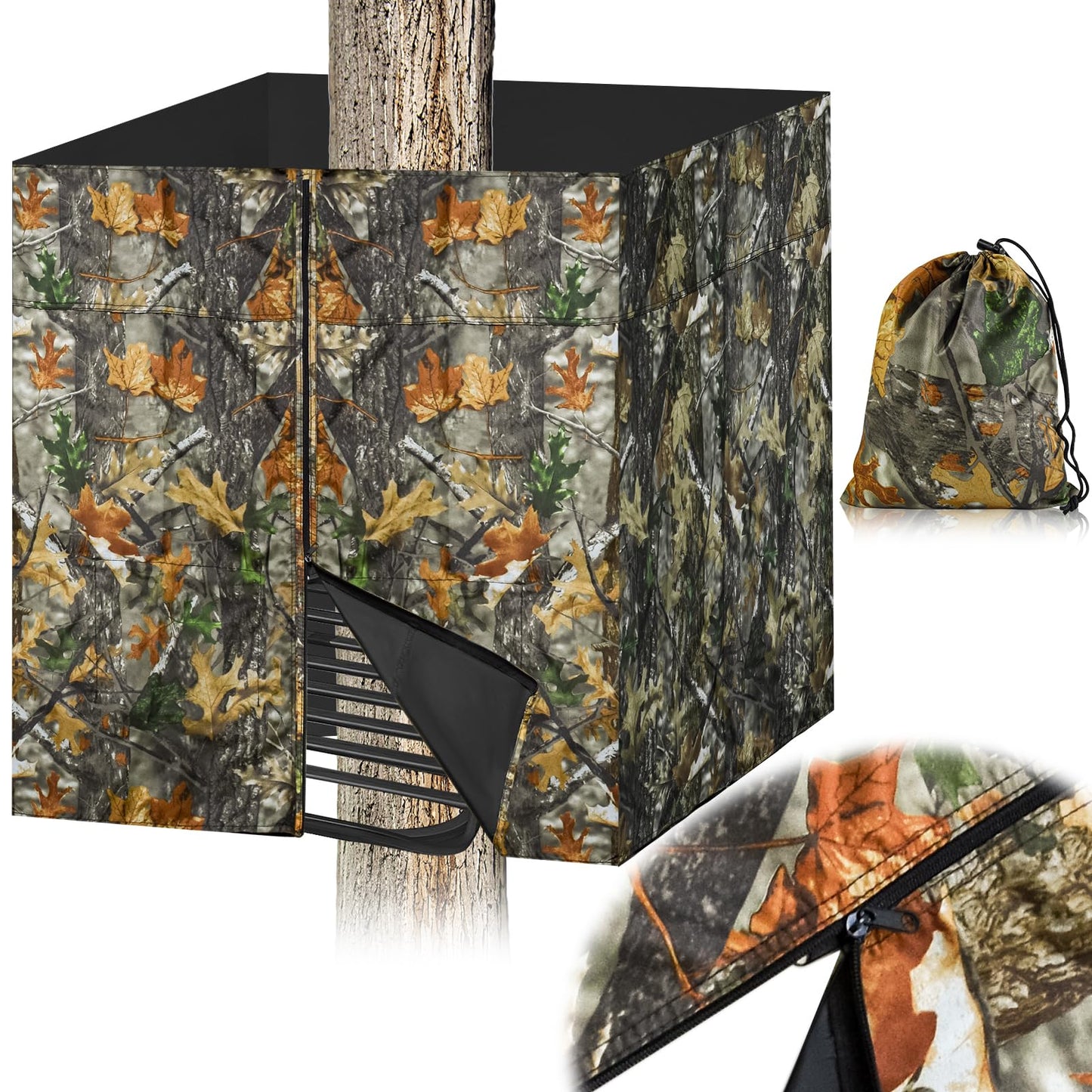 Four-sided Hunting Tree Stand Blinds Kit, 142" x 35" Large Treestand Camo Blind Cover Universal 2 Man Ladder Stand Blind Camouflage Stand Accessories with Zipper Pocket Storage Bag for Deer Hunting