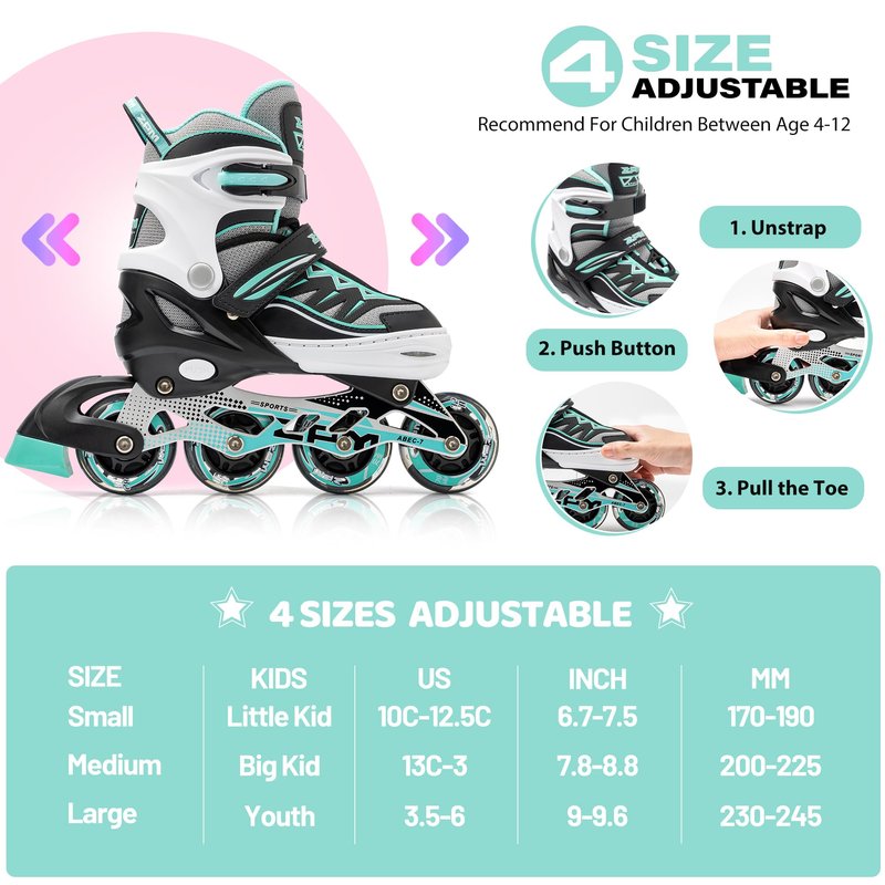 2PM SPORTS Cytia Pink Girls Adjustable Illuminating Inline Skates with Light up Wheels, Fun Flashing Beginner Roller Skates for Kids (Mint, Large - Youth (3-6 US))