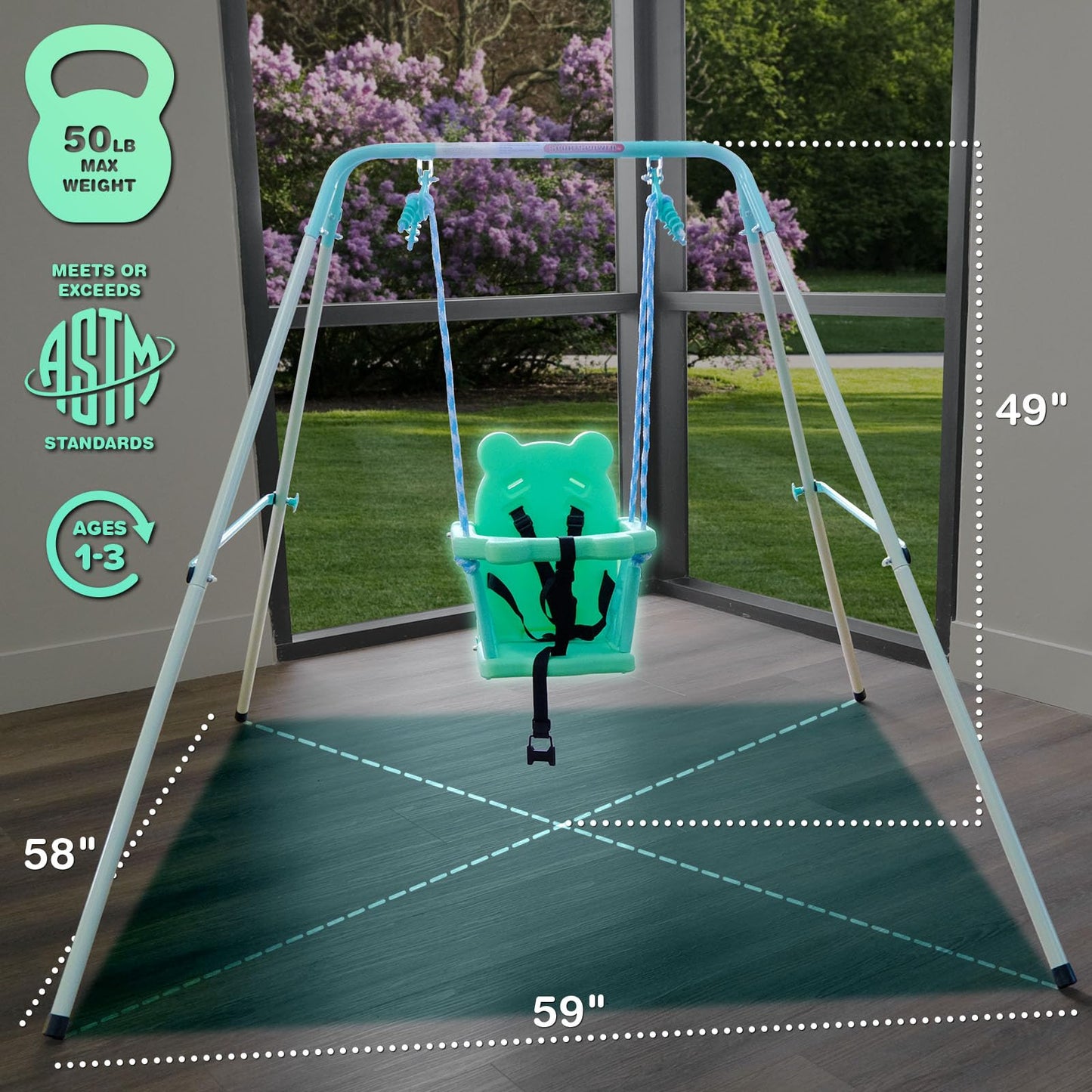 Sportspower My 1st Light-UpToddler Swing - Heavy-Duty Baby Indoor/Outdoor Swing Set with Safety Harness, Light Green, 59" L x 58" W x 49" H