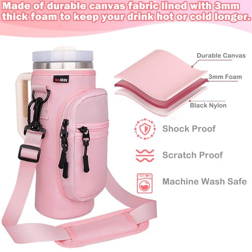 HEYSKAY Water Bottle Carrier Bag with Strap for Owala Carrier with Phone Pocket for 40/30oz Tumbler Carrier with 2PCS Straw Covers Stanley Accessories for Travelling