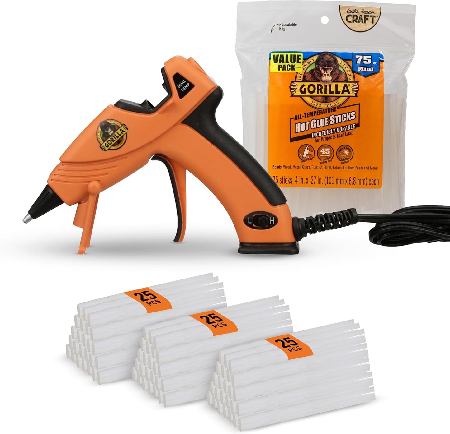 Gorilla Mini Hot Glue Gun Kit (Pack of 1 Mini Hot Glue Gun and 30 Sticks) - Dual Temp, Precision Nozzle, and Easy Squeeze Trigger