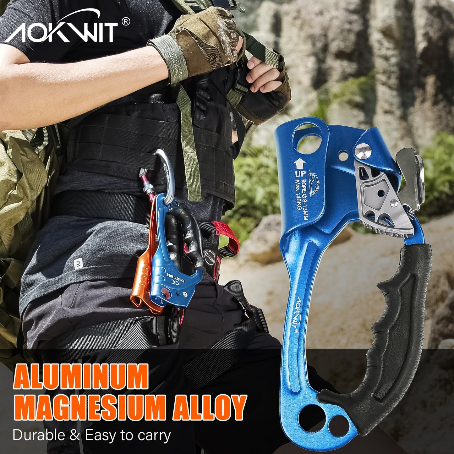 50KN Rescue Figure 8 Descender High Strength Aluminum Alloy Hand Ascender with Ergonomic Rubber Handle Strong Rappelling Gear Equipment for Rock Climbing Tree Arborist Rescue Mountaineering Caving
