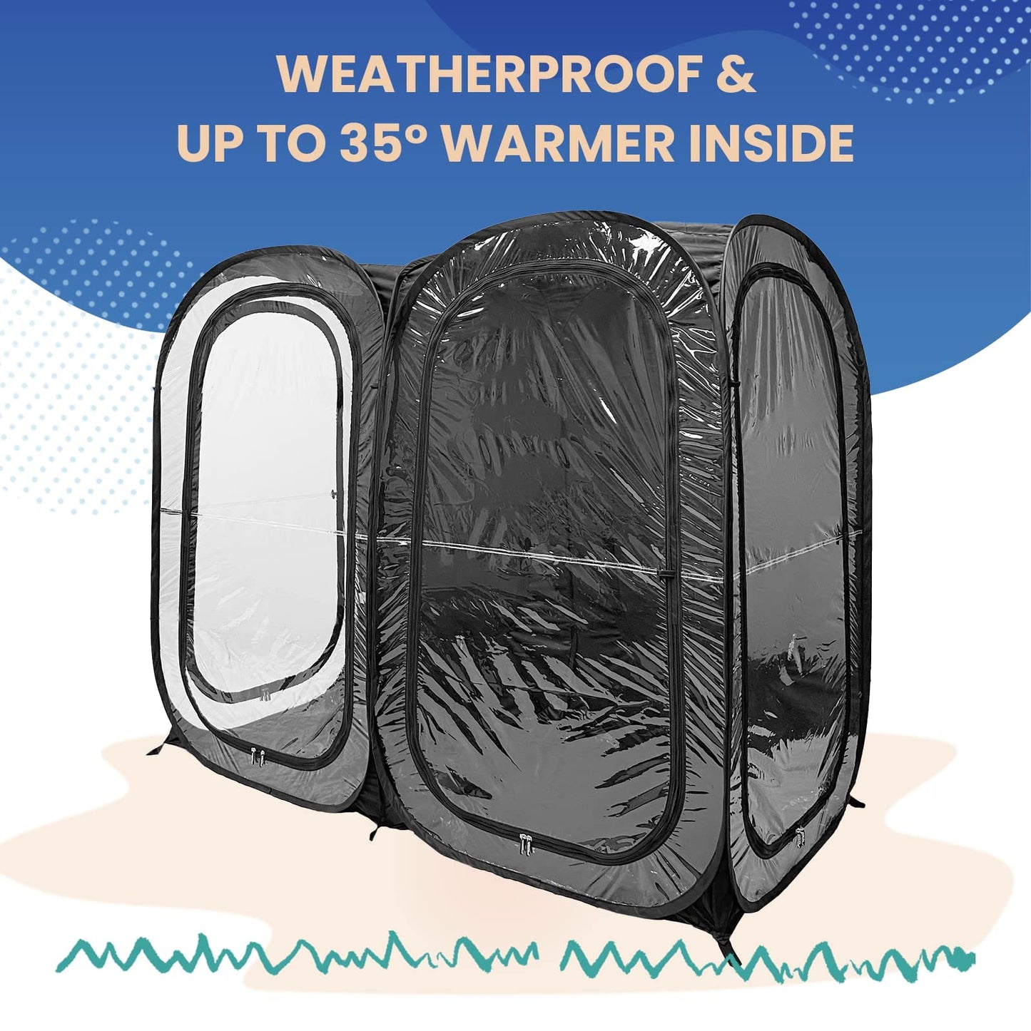 WeatherPod® The Original Shark Tank Side-by-Side™ Pop-Up Pod - Stay Warm, Dry, and Out of The Sun - Weather Pod for Sports, Rain, or Wind - Set Up in Seconds - (Black, 72" L x 36" W x 59" H)
