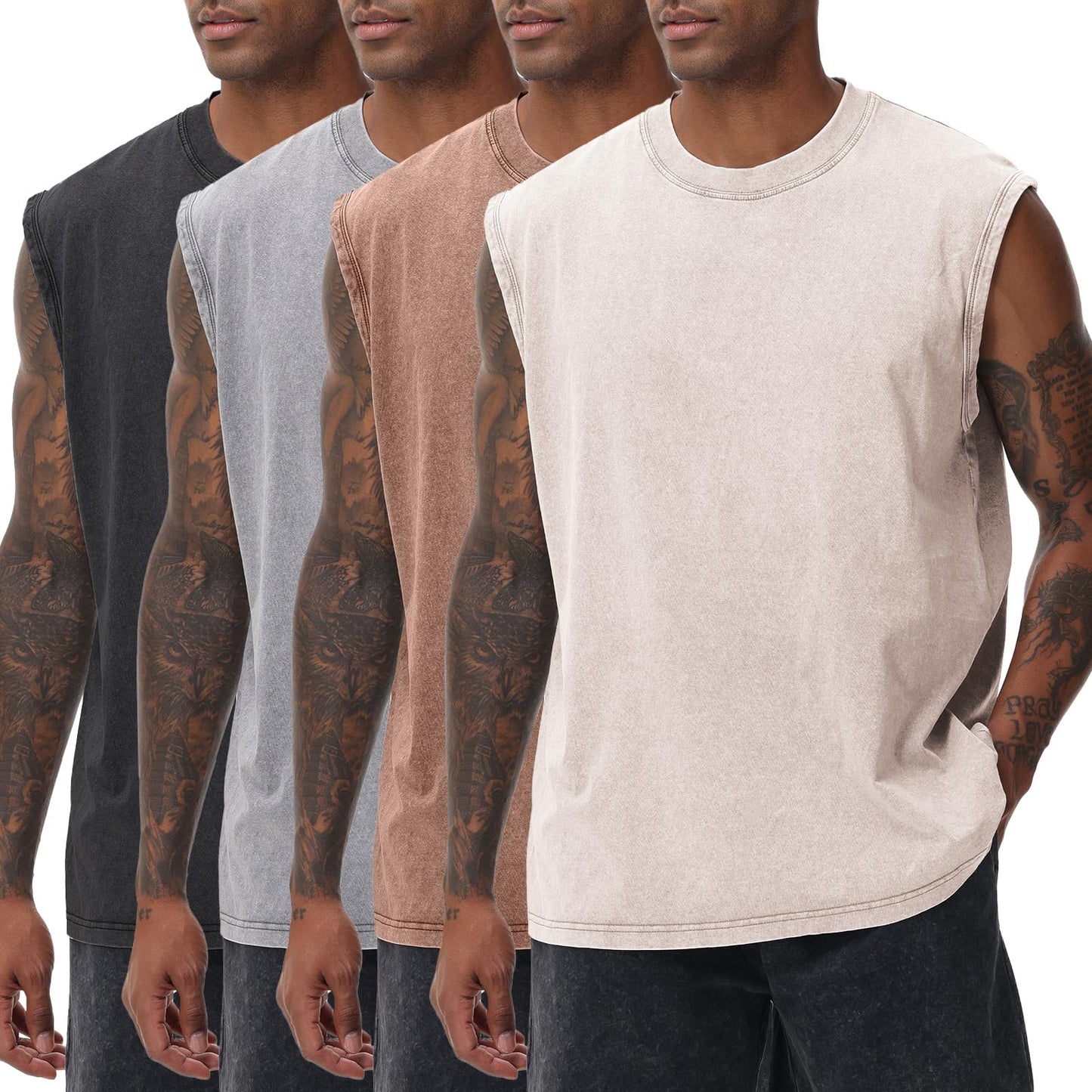 SnowElve 4 Pack Mens Workout Tank Tops Sleeveless Tee Shirts Men Muscle Shirt Gym Acid Wash T Shirts Running Beach Loose Fit Tee(BKGYCFBG,3XL)