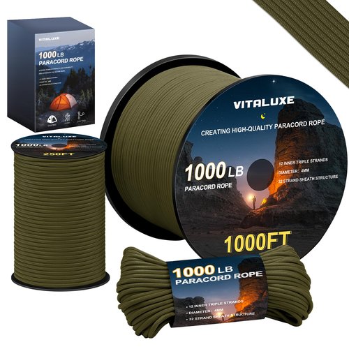 VITALUXE 1000lb Paracord Rope, 4mm 12 Triple Strands Paracord, Heavy Duty Tactical Parachute Cord for Survival Gear, Camping, Hiking, and Ideal for Bracelets, Lanyards, Type III, 100FT, Army Green