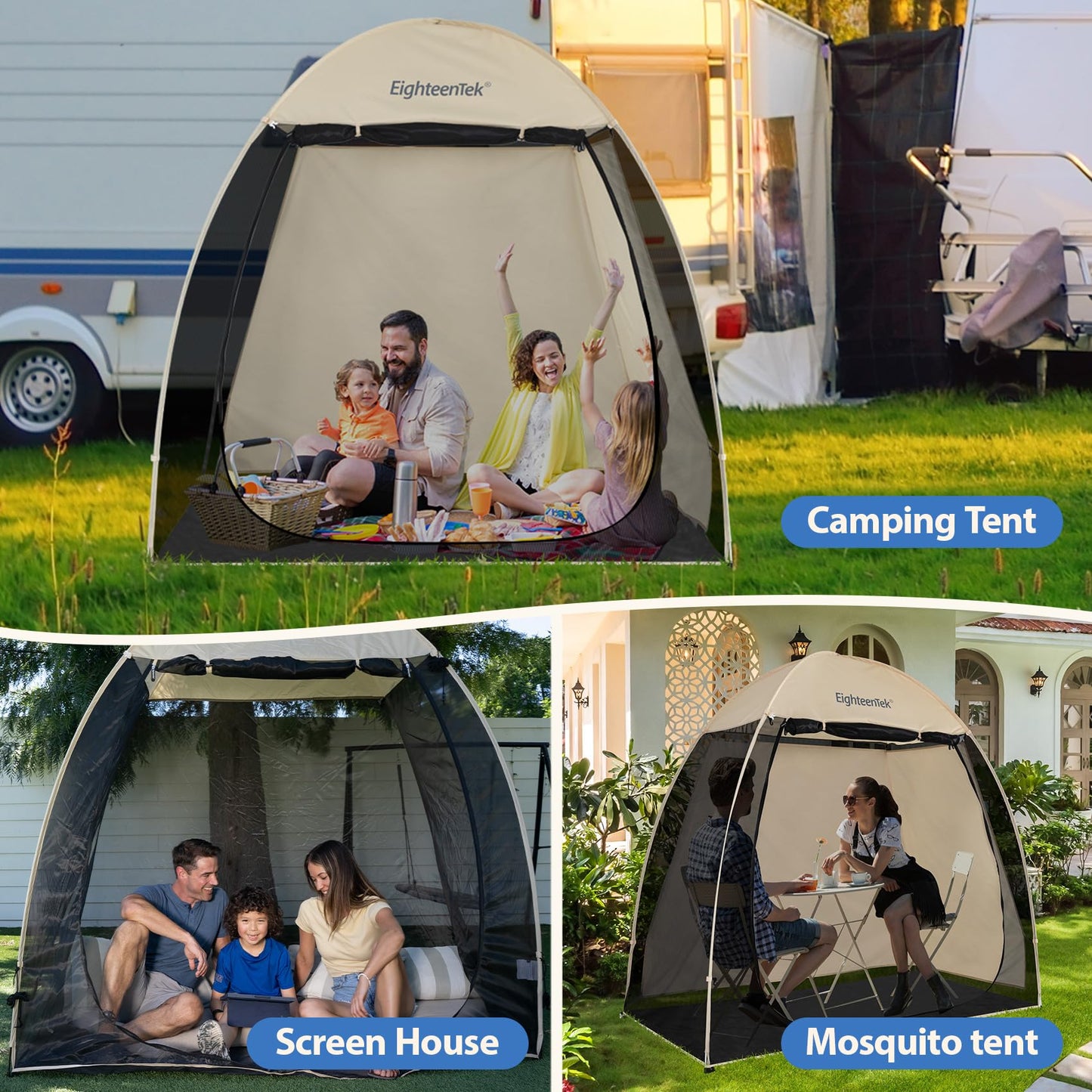 EighteenTek Screen House Gazebo, 2-4 Person Pop Up Screen Tent, Instant Screen Room with Carry Bag, Outdoor Mosquito Tent Pop-Up, Sun Shade Shelter for Patio, Garden, Backyard, Deck 7 x 4 x 6.5 FT