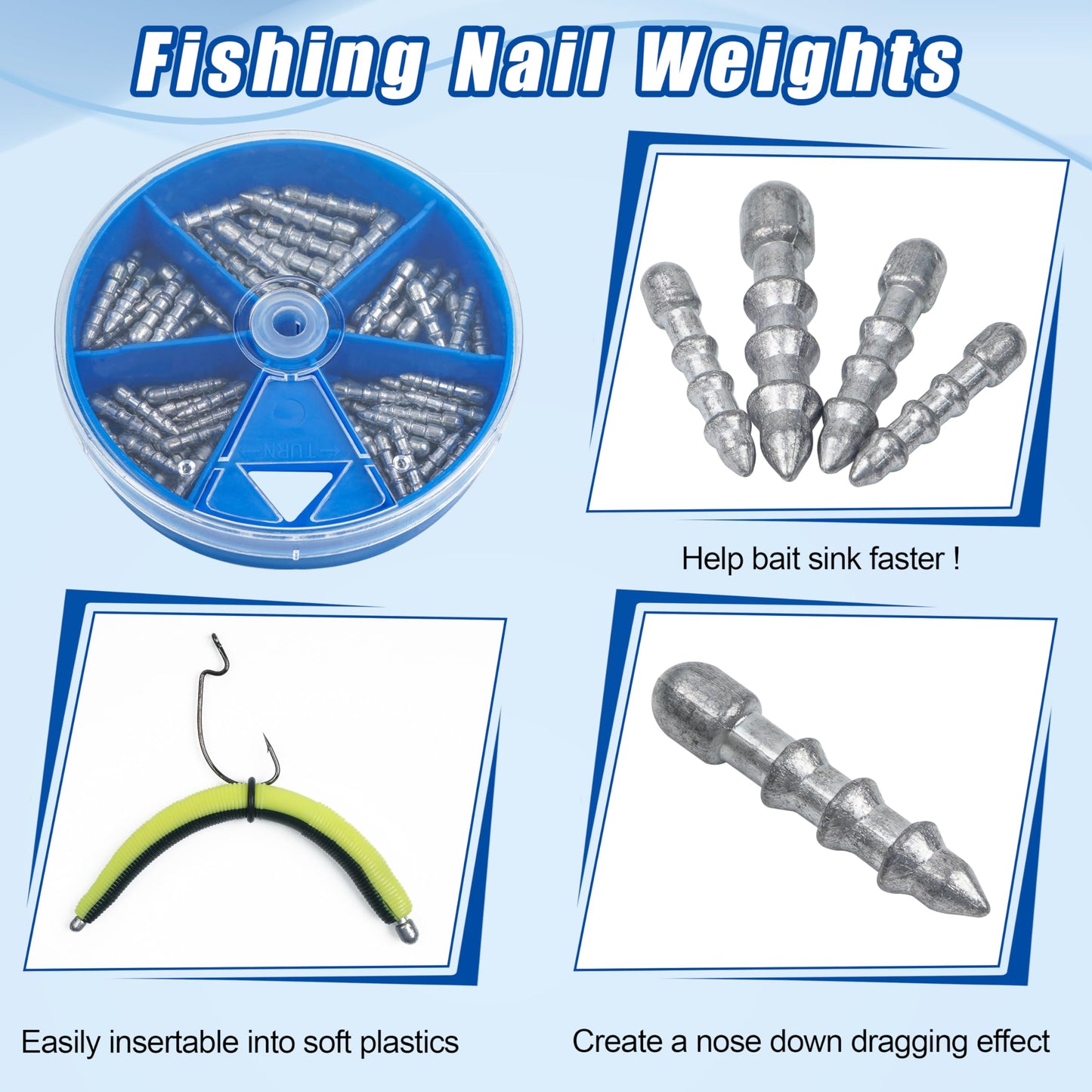 Fishing Nail Weights Kit, 70pcs Wacky Worm Weights Insert Sinkers Fishing Weights Tackle for Plastic Worms Lures Nail Sinker Weights for Wacky Rig Neko Rig Bass Fishing 4 Sizes