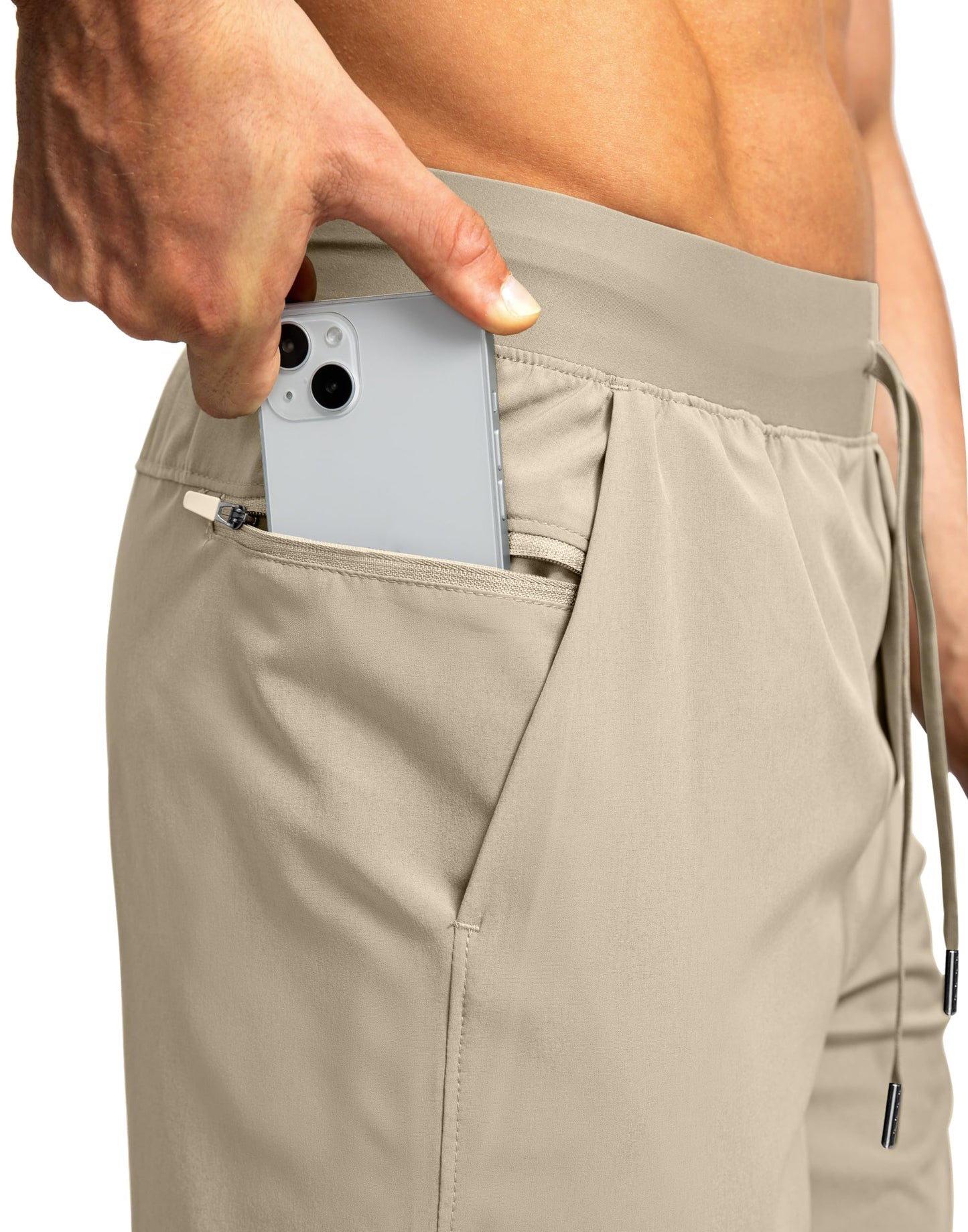 Soothfeel Men's Running Shorts with Zipper Pockets 9"/ 7"/ 5" Lightweight Quick Dry Basketball Gym Workout Athletic Shorts for Men (Khaki, S)