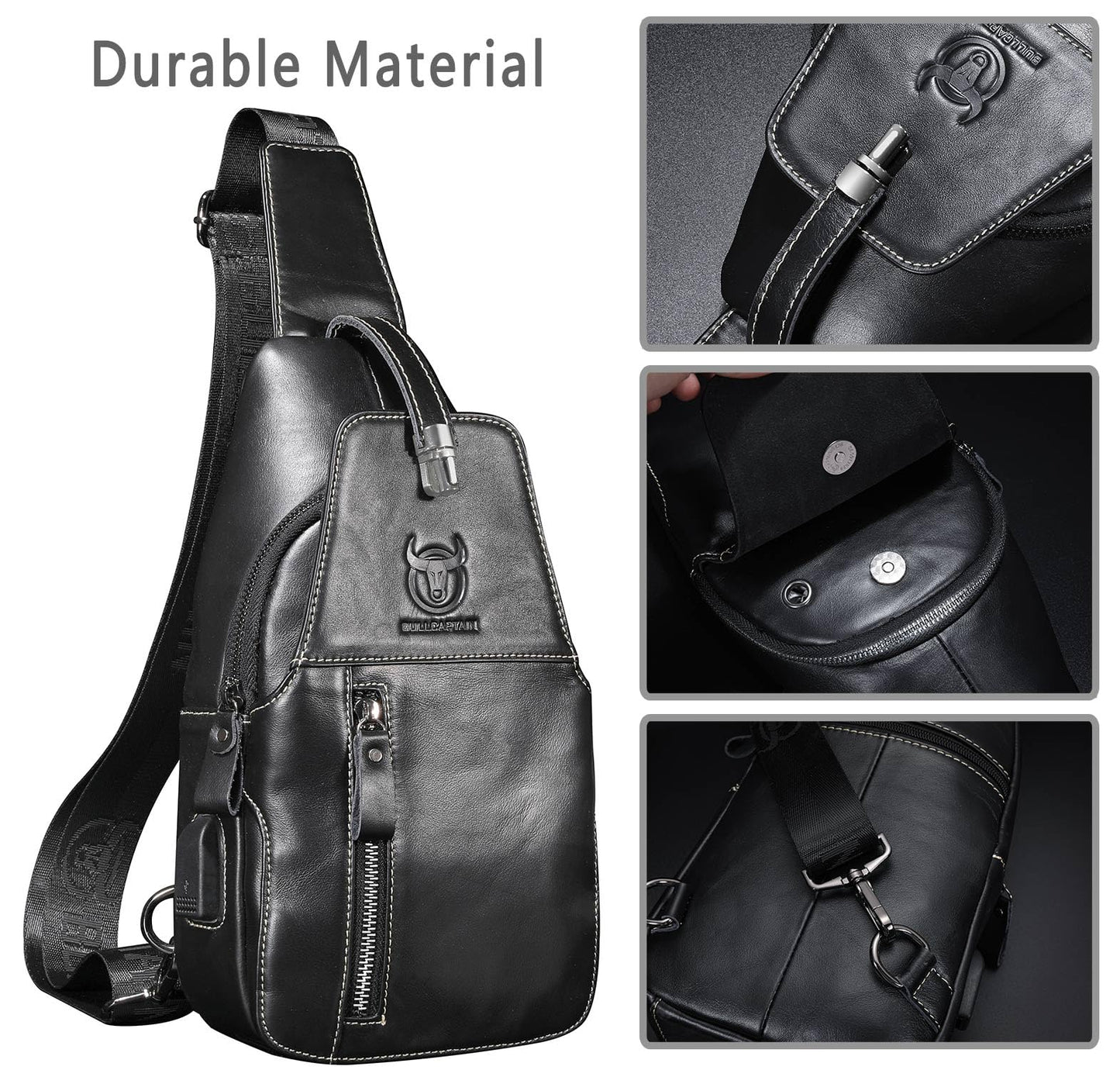 Genuine Leather Sling Bag Mens Crossbody Backpack for Hiking Casual Daypack Shoulder Chest Bag with USB Charging Port (Black)