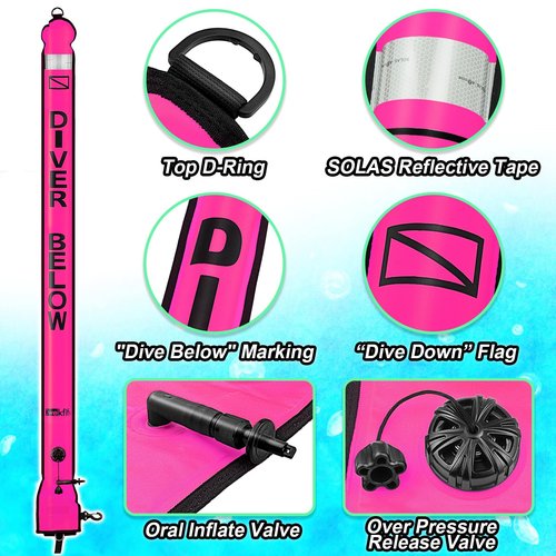 Surface Marker Buoy Scuba with Reel, 6ft High Visibility Diving Open Bottom Signal Tube Safety Sausage with Pouch Bag, 100ft ABS Dive Reel and Steel Double-Ended Bolt Snap
