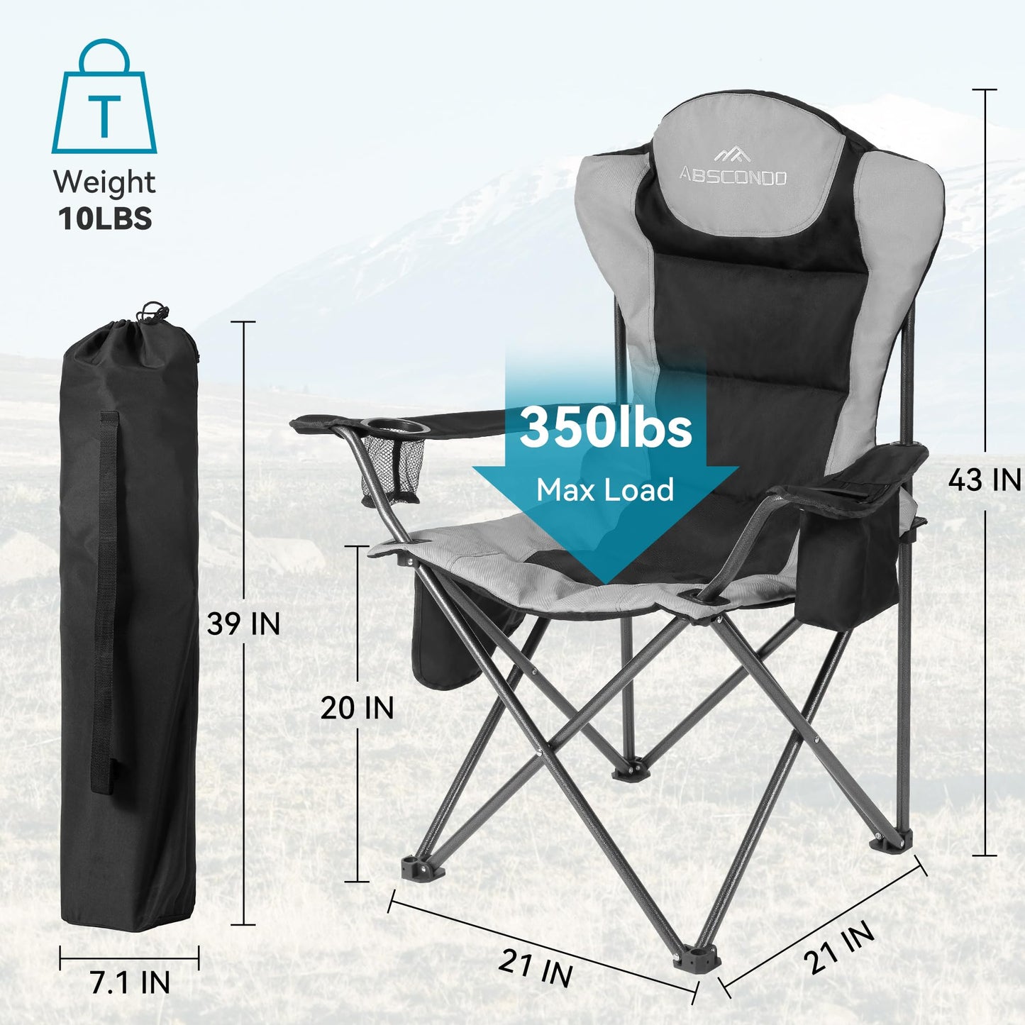 ABSCONDO Camping Chairs for Adults, Oversized Folding Camp Chair for Outdoor with Cup Holder & Cooler Bag, XL Heavy Duty Lawn Chairs Supports up to 350lbs (2 Pcs, Black)