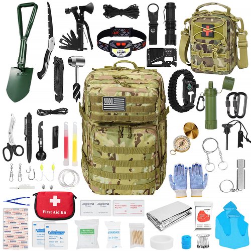Survival First Aid Kit,99PCS Professional Survival Gear Large Hiking Backpack with Emergency Equipment Outdoor Adventure Accessories,Gift for Men Father - (Camo-Brown)