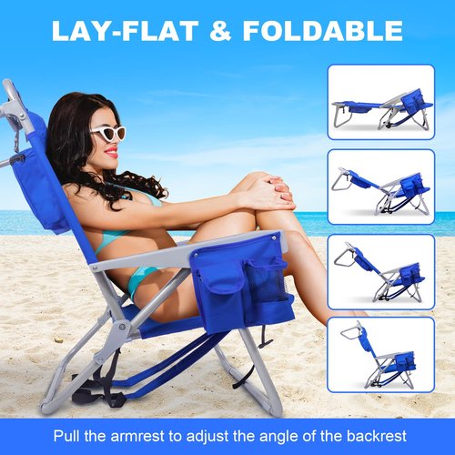 Yestomo Beach Chair with Backpack Straps, Heavy Duty Backpack Beach Chairs for Adults with 4 Positions, Lay Flat Beach Chair with Large Cooler Pouch, Support to 350LBS