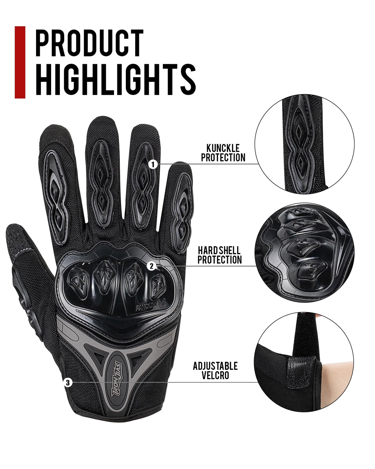 IRON JIA'S Motorcycle Gloves Full Finger Durable for Road Racing Bike Summer Spring Powersports Support Touch Screen Black-L