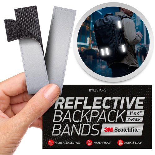 Byllstore Reflective Backpack Bands | 3M Scotchlite Reflectors | Hook-and-Loop Closure | 1x4 in | 2-Pack (Silver)