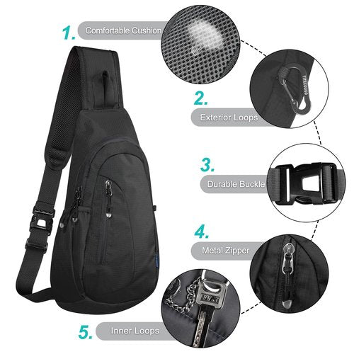 TITECOUGO Small Sling Bag Lightweight Crossbody Bag for Women Men Hiking Backpack Travel Shoulder Bag Chest Daypack for Gym Work Outdoor Sports Black Black
