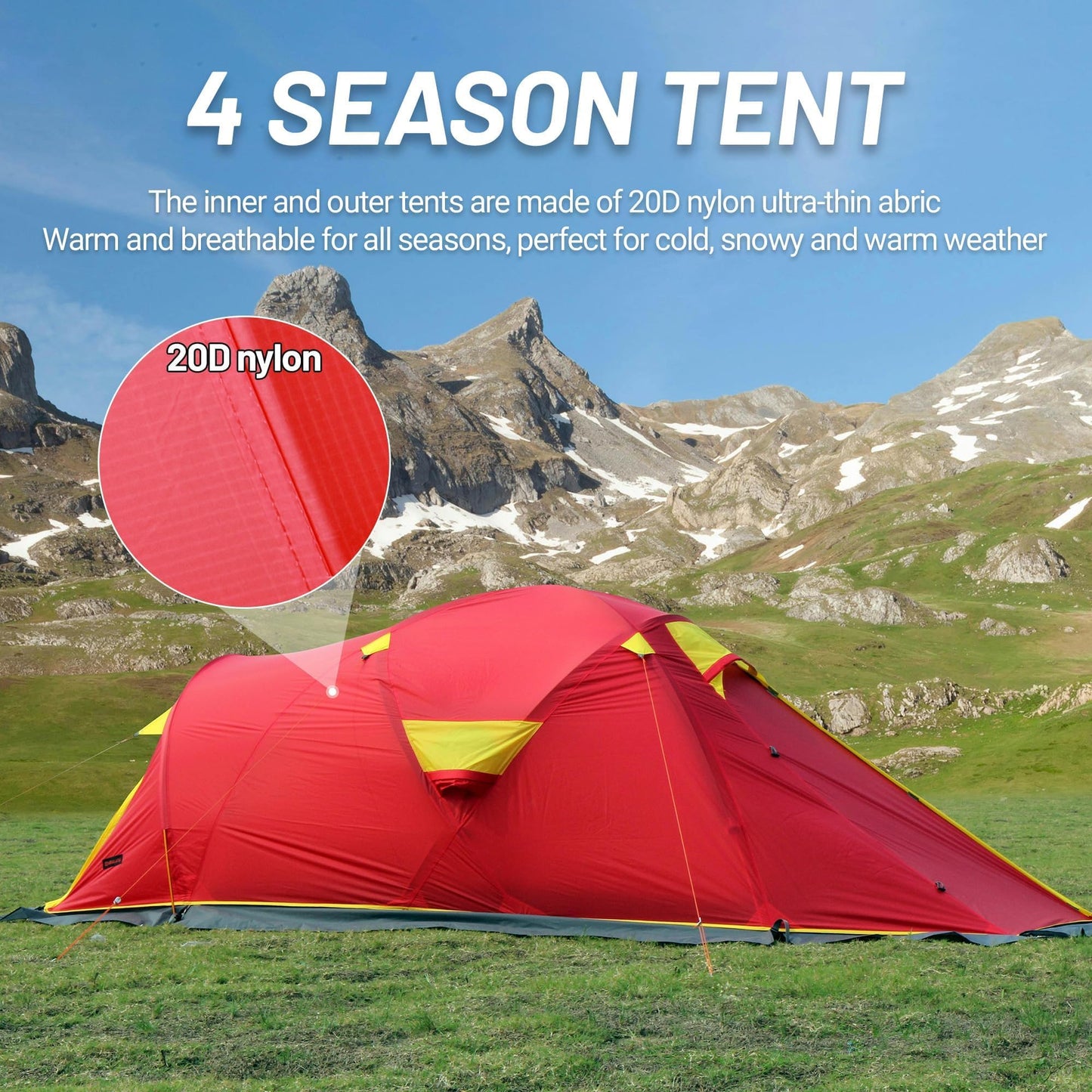 2 Person 4 Season Tent, Winter Camping Tent Waterproof Windproof Lightweight Tent 20D Nylon PU8000mm Easy Set Up for Winter, Cold Weather Outdoor Camping Hiking Family Camp Mountaineering