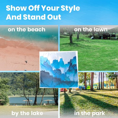 Oversized Sandproof Beach Blanket (83"x81"), Extra Large Beach Sheet for Up to 6 People. Sandfree Beach Mat, Big Sand Blankets with Sand Bags and Stakes. (Cyan Mountain)