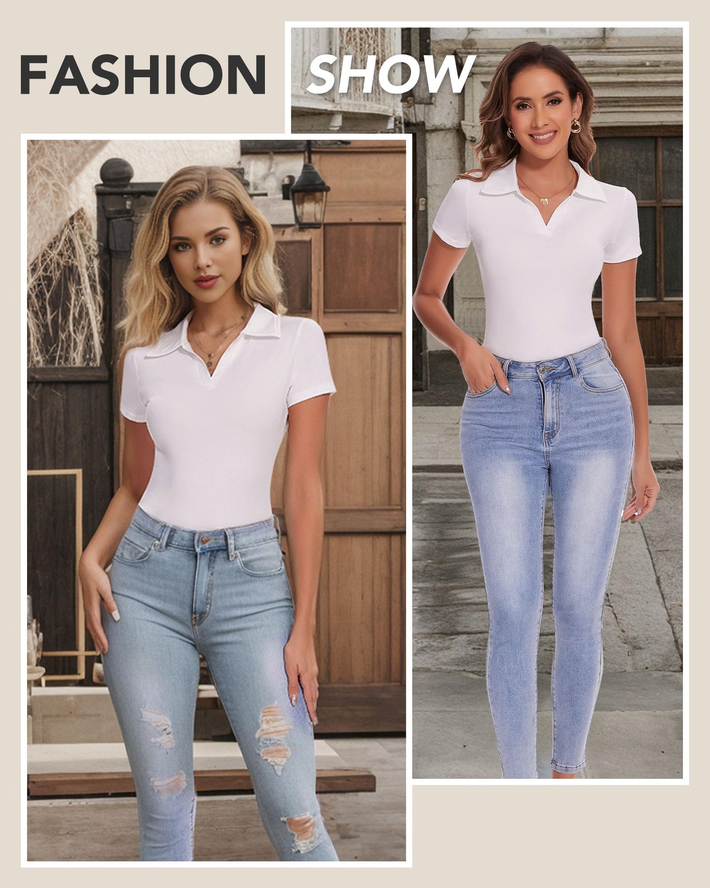 SHAPERIN Women's V Neck Polo Long Sleeve Bodysuit Tops Sexy Slim Collared Leotard Jumpsuit (Medium,White)