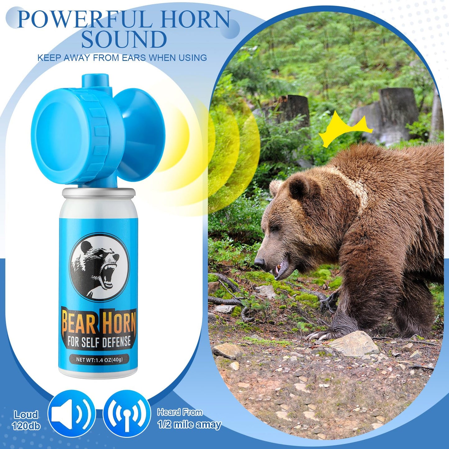 1.4oz Bear Horn Self Defense 123dB Loud Air Horn Audible up to 1/2 Mile Safety Air Horn for Wild Animals Bear Alarm for Hiking Climbing Camping and Outdoor Protection (1)