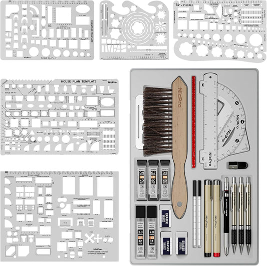 Nicpro 30PCS Professional Drafting Tools & Geometry Set with Case, Architect Protractor Set, Metal Mechanical Pencils, Pen, Scale Ruler Metal Ruler, 5 Drawing Templates for Interior Design House Plan