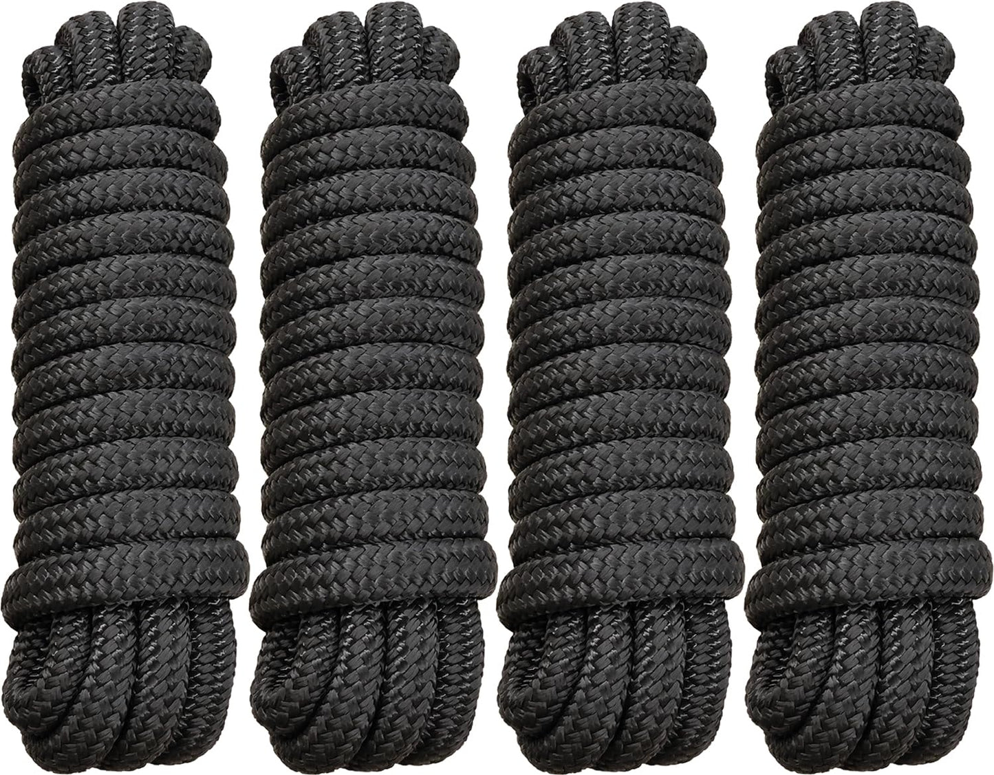 PACTHSD 4 Pack 5/8" x 20' Dock Lines - Marine Grade Nylon Boat Rope with 15" Loop for Docking and Mooring - Double Braided Boat Lines, High Strength, Easy Handling, Fray Resistant - Black