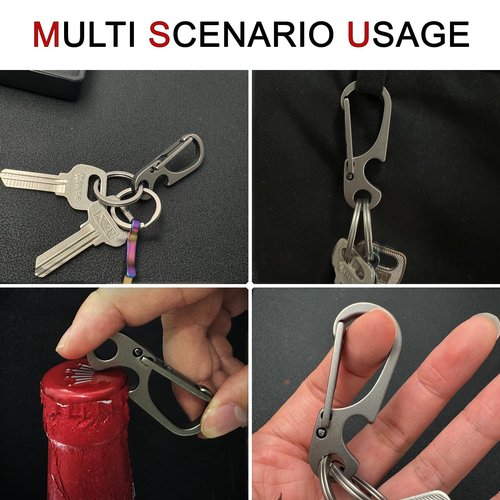 SHEICAP Titanium Carabiner Keychain Clip with Bottle Opener, EDC Key Chain Quick Release Hooks with Stainless Steel Key Ring