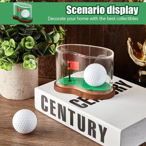 Soaoo 3.94 x 2.95 x 3.43 Inches Golf Ball Display Case Protected Golf Ball Transparent Holder Storage Box Clear Acrylic Shaped Design Golf Ball Case with Flag and Wood Base for Golf Ball Enthusiasts