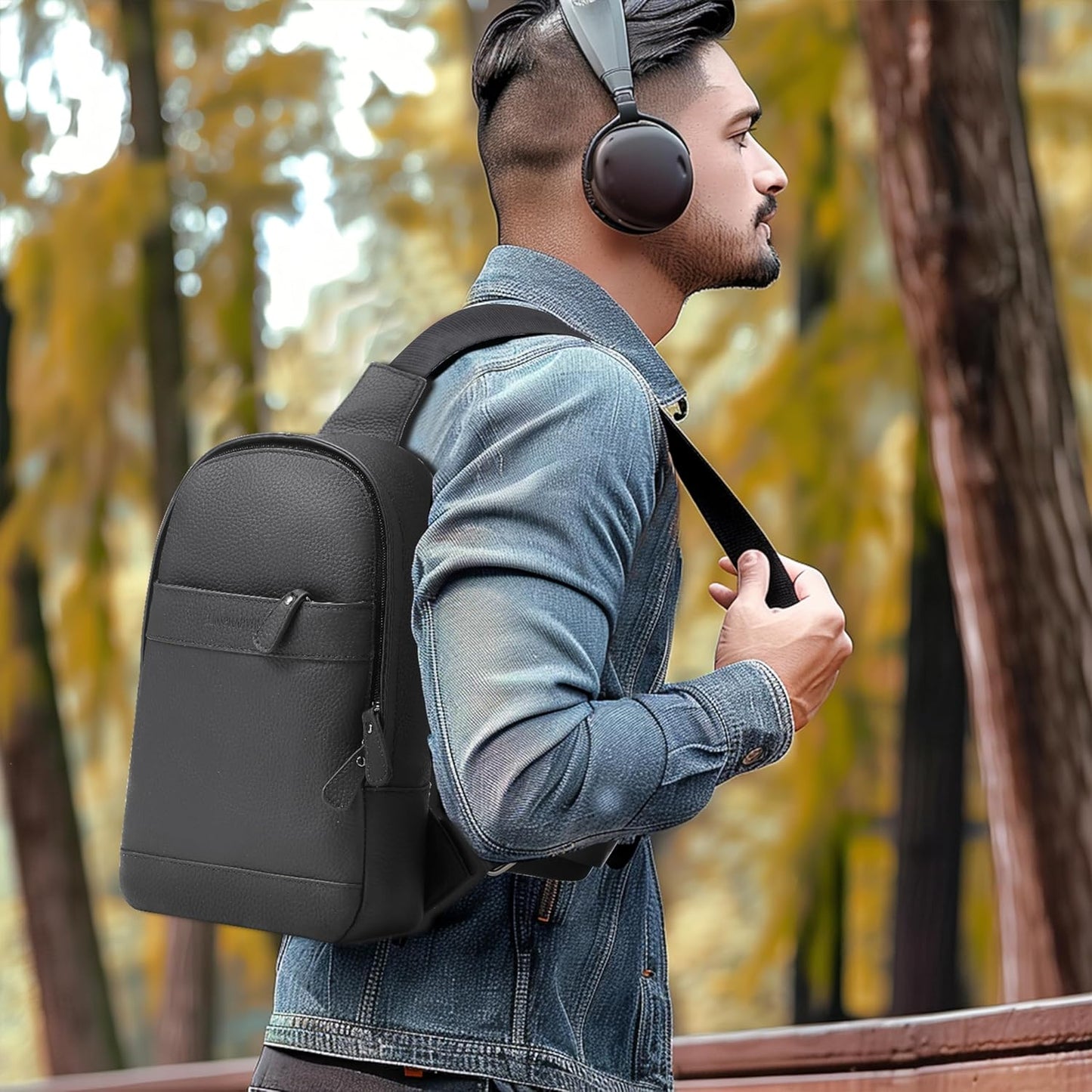 Chrysansmile Sling Bag for Men Genuine Leather Cross Body Bag Mens Crossbody Shoulder Backpack Black Fanny Packs for Travel
