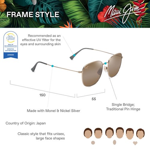 Maui Jim Unisex's Olali AF Polarized Square Sunglasses, Shiny Lt Gold W/Greyish-Green/Hcl® Bronze Polarized, Large