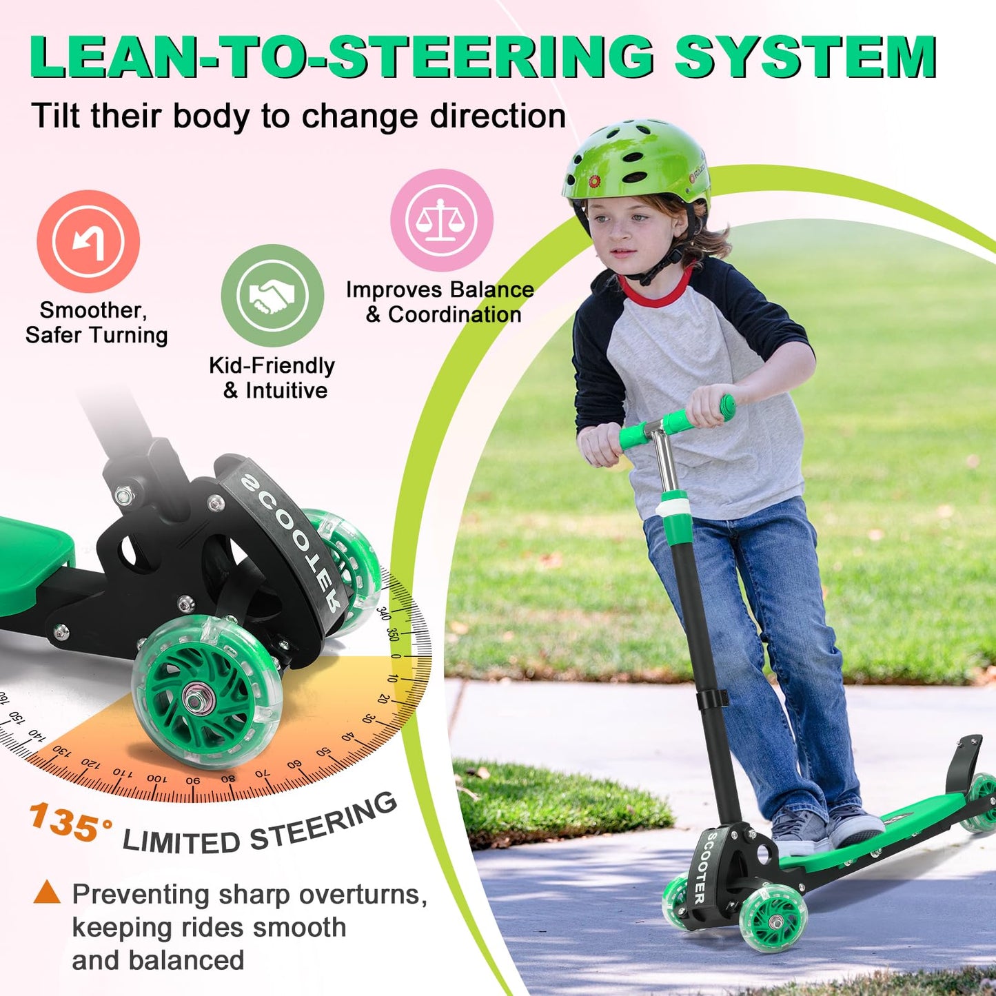 Kids Kick Scooter - LED Light Up 3 Wheel Kick Scooter for Kids 3-5, Adjustable Handlebar Height, Long Anti-Slip Deck,Heavy Duty Metal Scooters for Boys Girls Ages 3-5 5-7, up to 150 Lbs