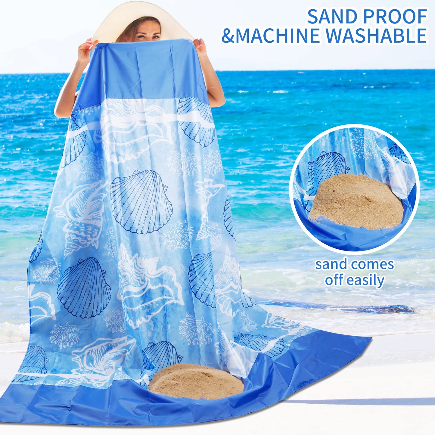 FunQeeu Beach Blanket, Large 83" X 79" Family Size Beach Mat Picnic Blanket Sandproof for 2-8 Adults Compact Lightweight Outdoor Accessories Portable Waterproof Mat for Travel Camping Hiking Vacation