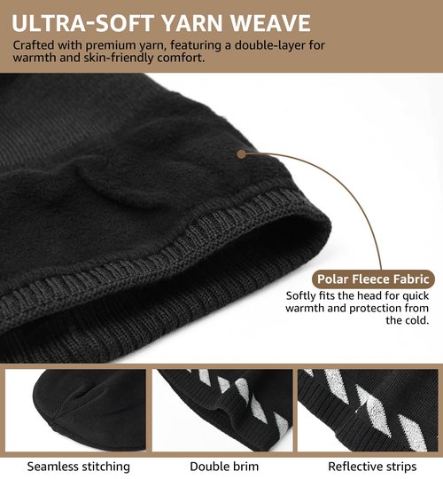 HiRui Winter Beanie Hats for Men Women Knit Fleece Skull Caps Reflective Stripes (Black (Pack of 1))