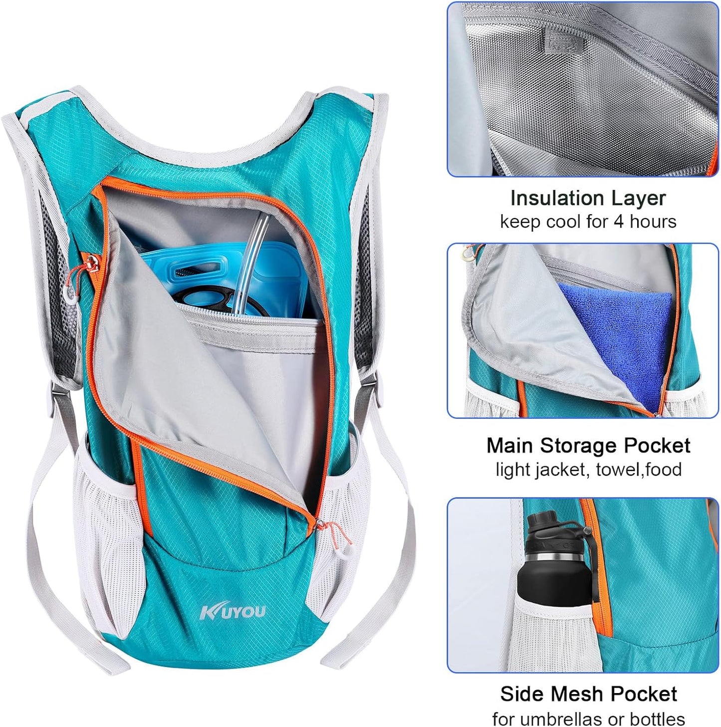KUYOU Running Hydration Vest - Lightweight Insulated Hydration Backpack with 2L Water Bladder, Adjustable Chest Straps and Reflective Water Backpack for Trail Running Marathon Race Hiking Cycling
