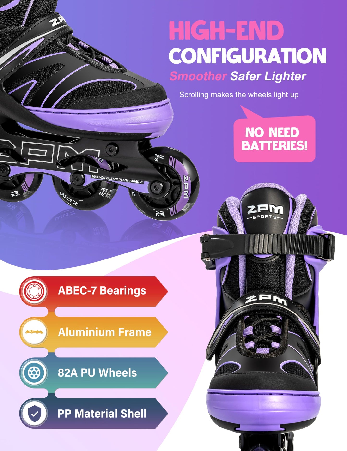 2PM SPORTS Kids Adjustable Inline Skates Ages 4-12, Youth Inlie Skates for Girls Boys 5-8 8-12 with Full Light Up Wheels, Beginner Women Men Adult Skates - Purple Medium